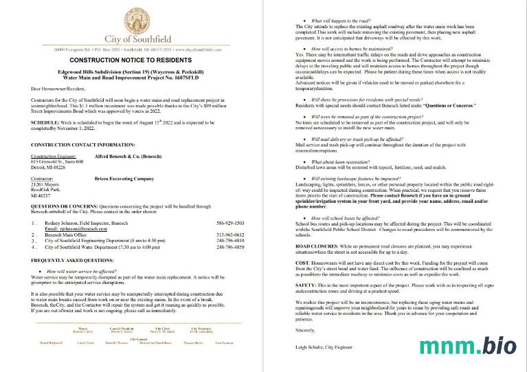 USA Michigan City of Southfield  pożytek woda and construction zawiadomienie o wyłączeniu, szablon Word i PDF, 3 strony 1 2